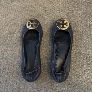 Tory Burch Dark Blue Flats with Gold Emblem